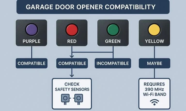 A flowchart showing the pre-install checks for a smart garage door opener upgrade, including checking Wi-Fi, identifying the learn button color, and verifying safety sensors.