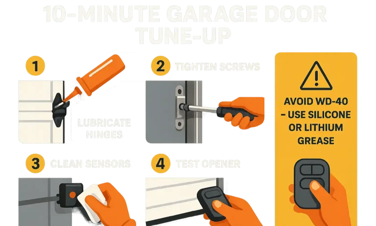 A high-quality photo or short GIF showing someone properly spraying a white lithium grease lubricant into a garage door hinge or roller stem