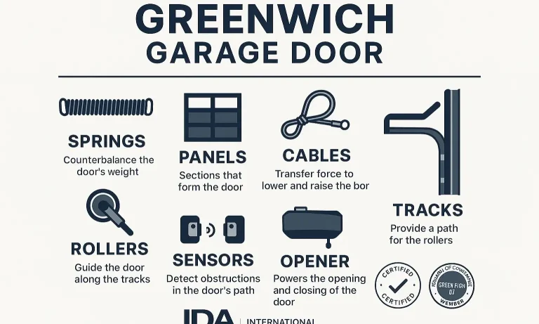 A labeled diagram showing the main components of a garage door system, including springs, cables, rollers, tracks, panels, and the opener.