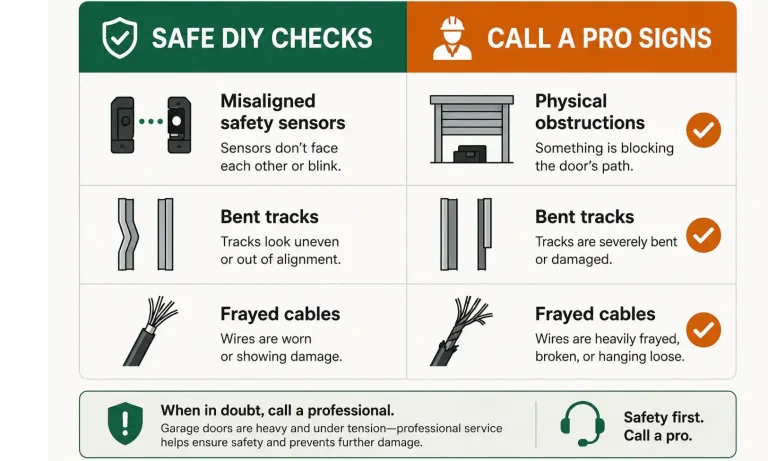 A matrix that shows what homeowners can safely inspect (obstructions, sensors, tracks, remotes) versus what requires a professional (springs, cables, opener motor, door panels).