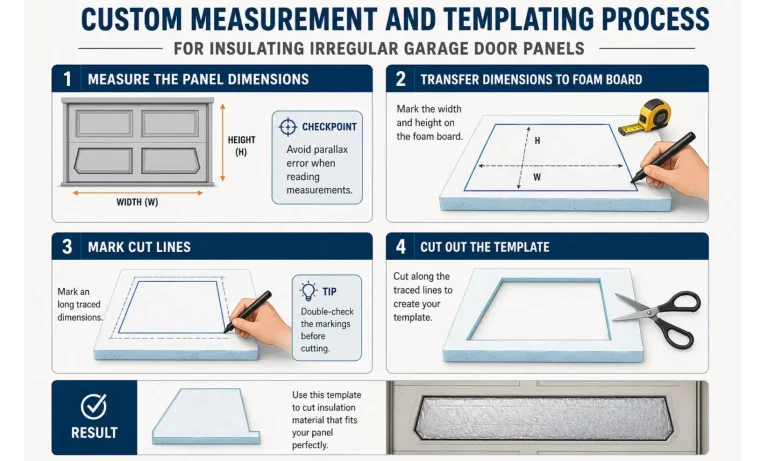 A person carefully measuring and cutting a foam insulation board to fit a custom-sized garage door panel.