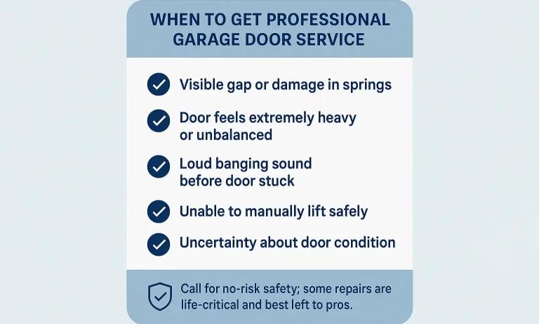 A professional garage door technician safely repairing a broken spring.