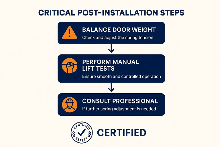 A professional technician adjusting the torsion spring on a garage door to ensure it is properly balanced and safe.