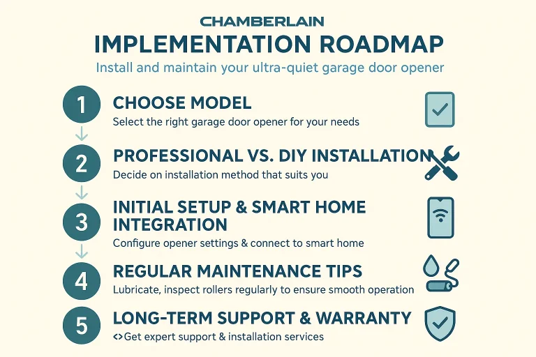 A side-by-side comparison chart of three different quiet Chamberlain garage door opener models, showing their key features, drive type, and motor.