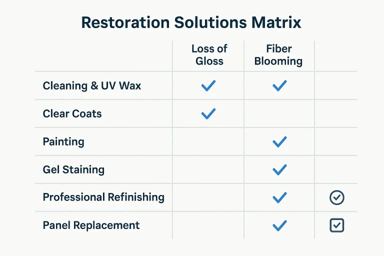 A simple chart or infographic matching the three stages of UV damage (Loss of Gloss, Fading/Chalking, Fiber Blooming) to their corresponding solutions (Sealant/Wax, Restoration/Paint, Professional Refinishing/Replacement).