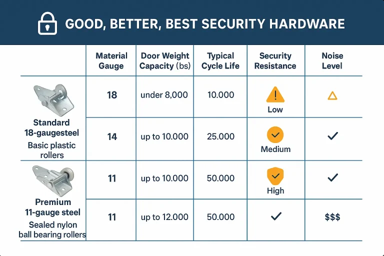 A simple, clean visual showing a three-step plan for upgrading garage door hardware: assess, measure, and choose.