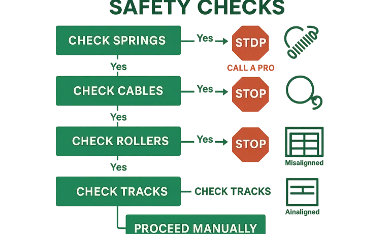 A simple flowchart graphic that guides homeowners through a 'Go / No-Go' safety decision process. It uses questions from the visual inspection to lead to a final, clear action: 'STOP. Call a Professional Immediately.' or 'You may be clear for a manual operation test.'