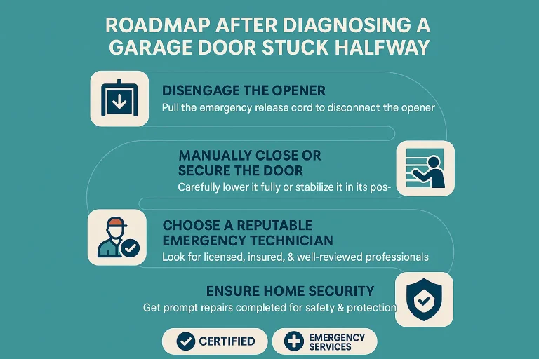 A step-by-step flowchart graphic: Step 1: Secure the Area. Step 2: Disconnect the Opener. Step 3: Assess if Manual Closing is Safe. Step 4: Secure the Door. Step 5: Call for 24/7 Emergency Service.