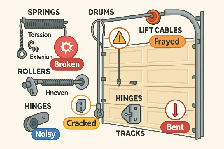 A symptom-to-safety triage table helps users instantly identify their garage door problem, assess the danger, and take the correct immediate action to avoid injury or damage.