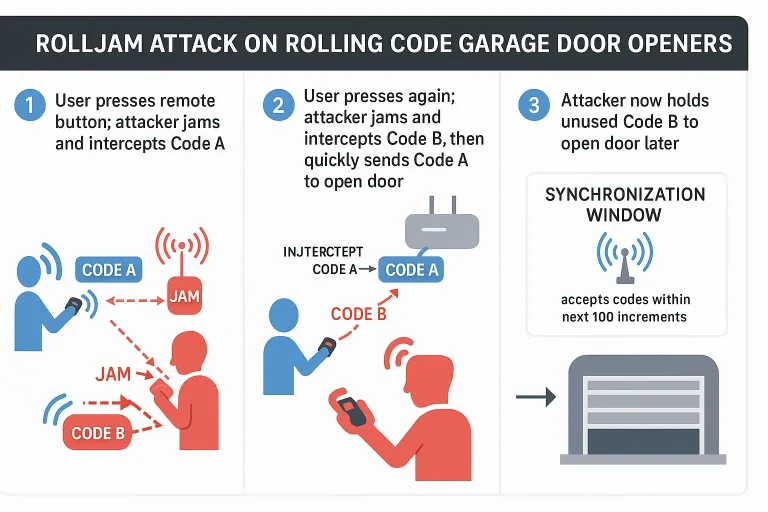 A three-panel diagram illustrating the RollJam attack: 1) User's signal is jammed and recorded. 2) User's second signal is jammed and recorded, while the first signal is sent to the door. 3) The attacker now possesses a valid, unused code.