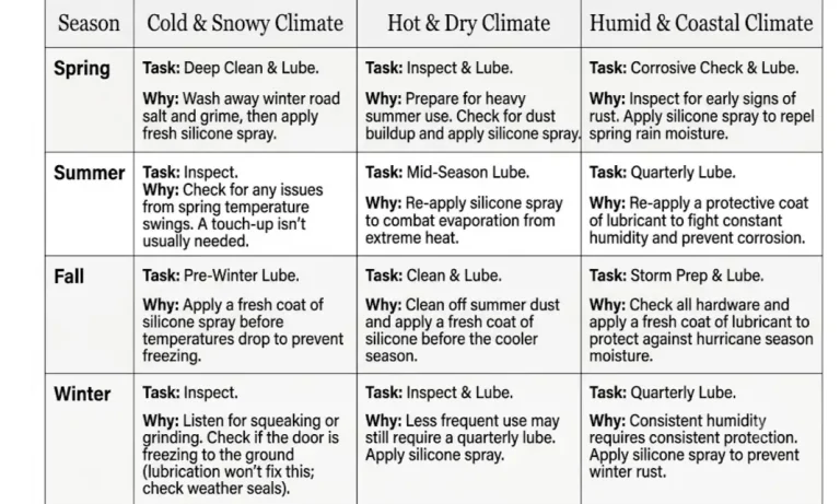 A visual calendar infographic showing different lubrication tasks for each season based on climate zones.