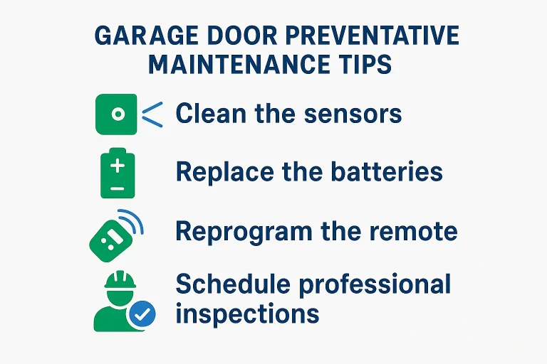 A visual checklist graphic showing key garage door maintenance tasks.
