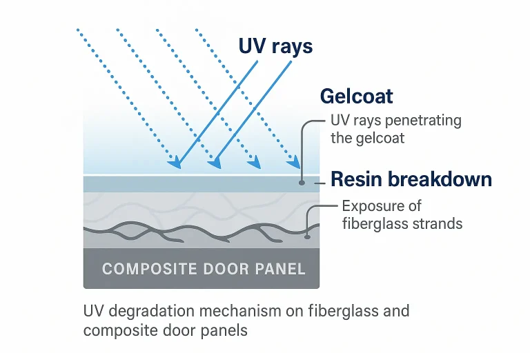 A visual guide showing three panels of a fiberglass garage door, representing Stage 1 (Loss of Gloss), Stage 2 (Color Fading/Chalking), and Stage 3 (Fiber Blooming/Brittleness).
