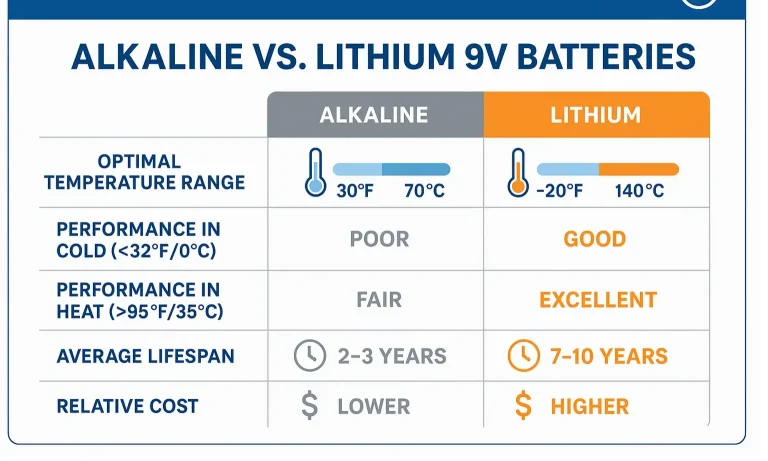 Alkaline vs. lithium 9V batteries for hot and cold climates