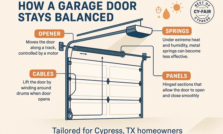 An annotated diagram showing the different parts of a garage door system, including springs, cables, opener, tracks, and photo-eye sensors.