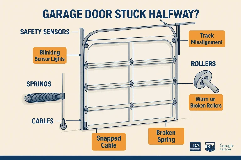 An illustrated guide showing the main components of a garage door system (springs, cables, rollers, tracks, opener) and the common symptoms associated with each part's failure.