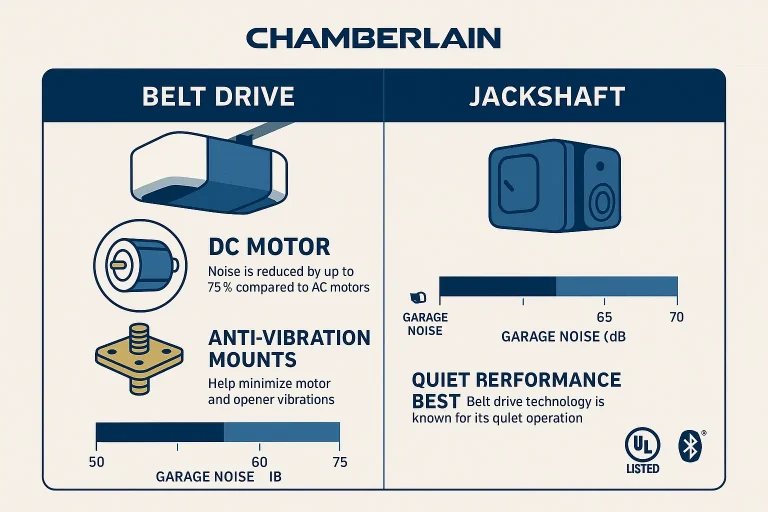 An infographic comparing the mechanics of a belt drive garage door opener with a jackshaft opener, highlighting the noise-reducing features of each.