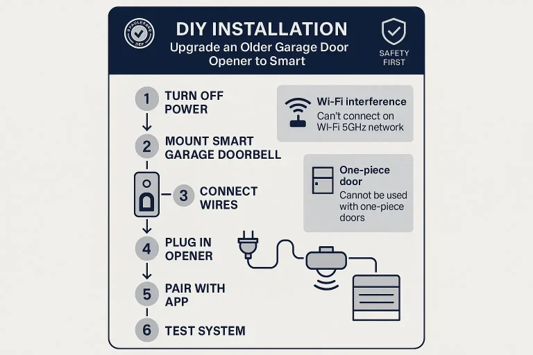 An infographic illustrating the step-by-step process for installing a smart garage door opener controller, from mounting the device to connecting wires and setting up the app.