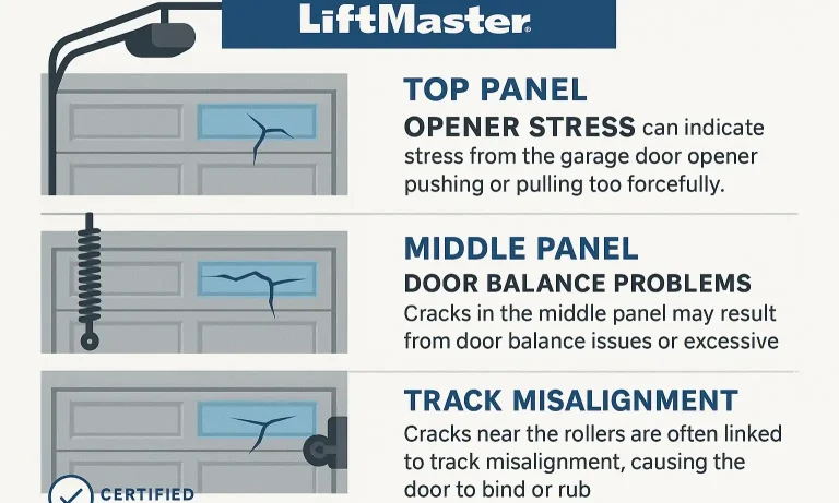 An infographic showing a garage door with labels indicating that top panel cracks suggest opener stress, middle panel cracks suggest balance issues, and cracks near rollers suggest track alignment problems.