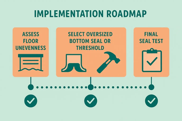 An infographic showing two solutions for an uneven garage floor: an oversized bottom seal compressing to fill a gap, and a threshold seal on the floor creating a new, level surface for the door to close on.