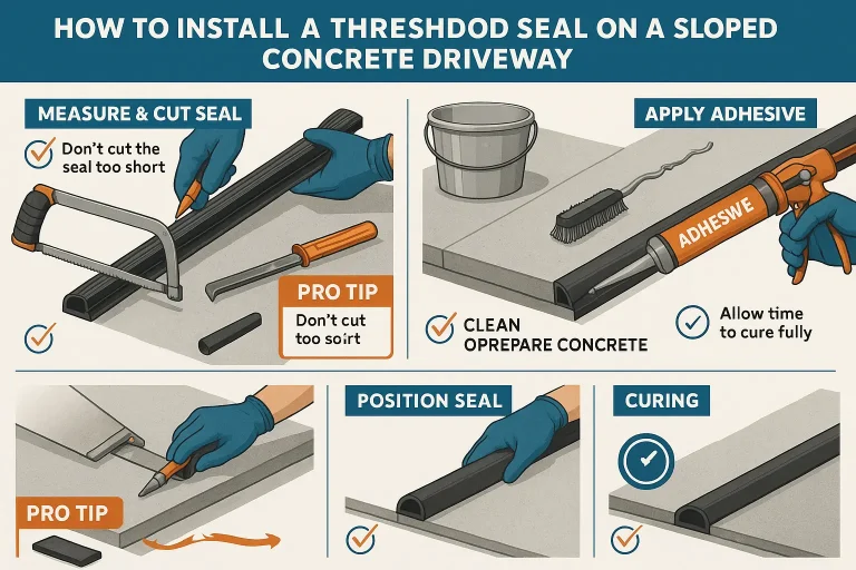 An infographic with icons and short text answering frequently asked questions about garage door seals, such as "What if I still see light?", "How long does a seal last?", and "Can I use it on cracked concrete?".