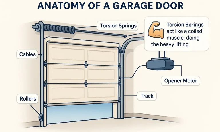Anatomy of a Garage Door: Understand how torsion springs and other key parts work together to safely operate your garage door.