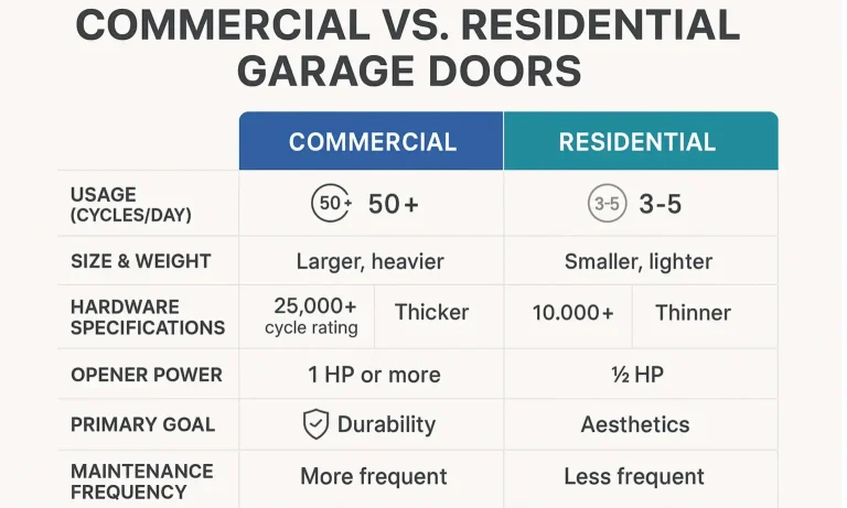 At a glance: Understand how commercial and residential garage doors differ in construction, usage, and maintenance needs to make an informed decision.