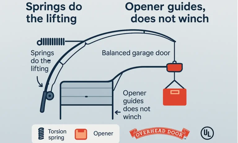 Authority-building diagram clarifies the mechanical truth that springs bear lifting load while the opener guides, reframing common misconceptions.