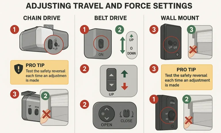 Chamberlain adjustment guide for travel and force settings