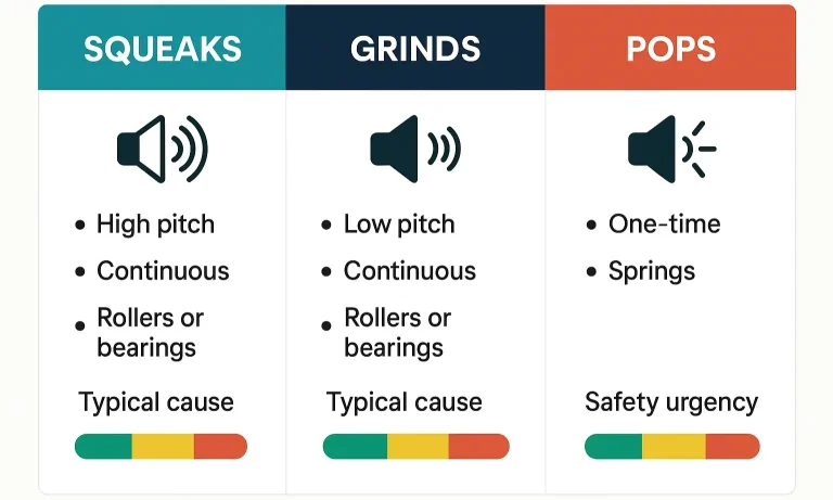 Chart compares garage door squeaks, grinds, and pops with safety urgency levels and likely causes.