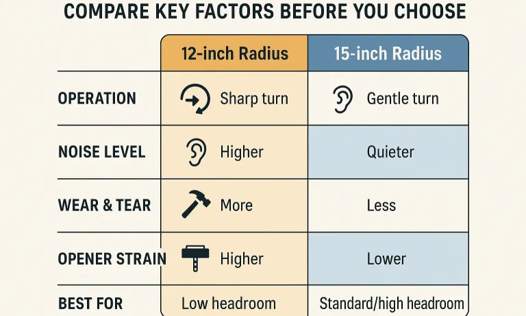 Chart comparing 12″ vs 15″ track radius performance