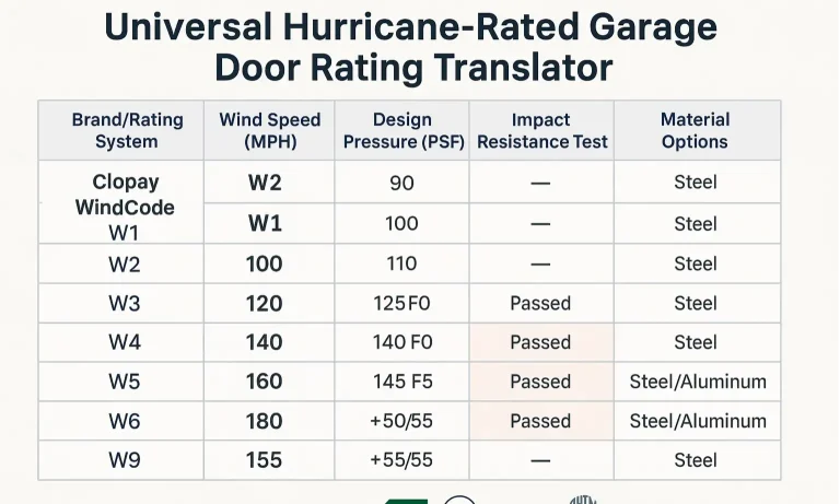 Chart comparing wind load and impact ratings across door brands