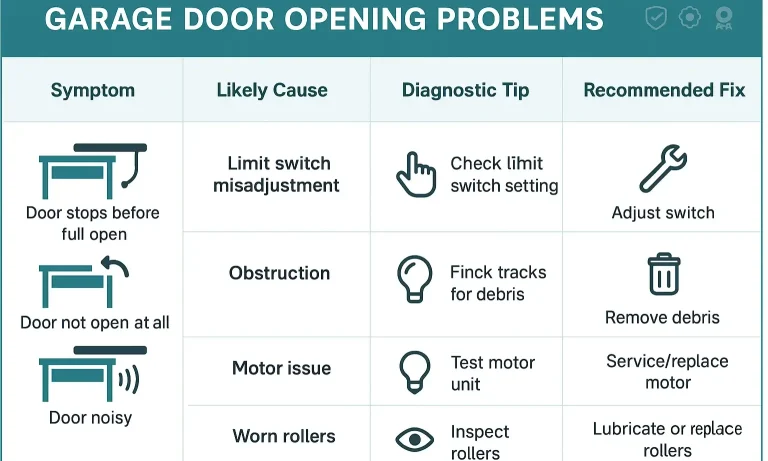 Chart linking garage door symptoms to likely causes