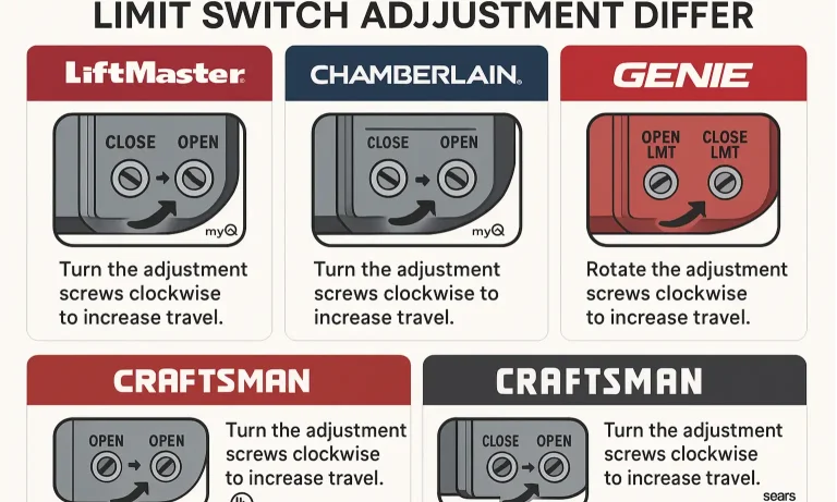 Chart of limit switch controls for LiftMaster, Genie, and more