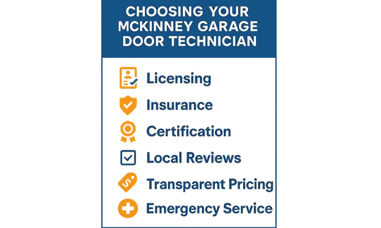 Checklist graphic for choosing a qualified McKinney garage door technician: license, insurance, reviews, and warranty.