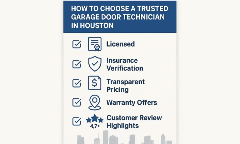 Checklist graphic shows steps to choose a reputable garage door technician.