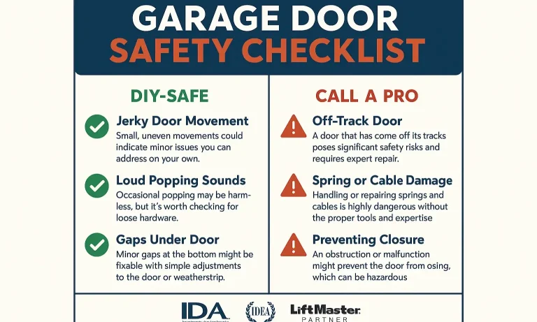 Checklist of key garage door warning signs: loud bang, frayed cables, crooked door, or heavy movement.