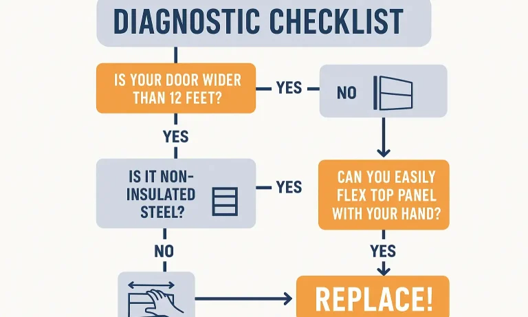 Checklist with boxes for wide door, single-layer steel, non-insulated, and flexes easily to diagnose door weakness.