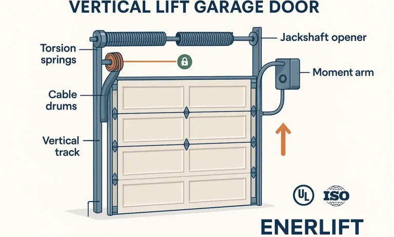 Clear diagram of vertical lift garage door components to support maintenance and troubleshooting.