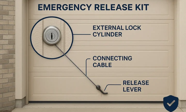 Close-up of emergency release lock and internal cable mechanism
