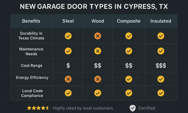 Collage of garage door styles—steel, wood, and carriage house—with labels for durability, style, and insulation.