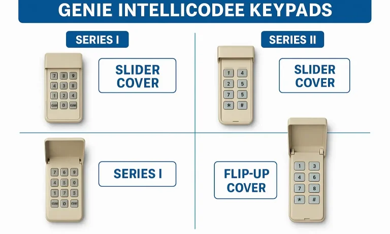 Collage of Genie Intellicode keypads to identify your model
