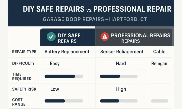 Compare common garage door repairs to see what’s safe to DIY and when to call a professional in Hartford, CT.