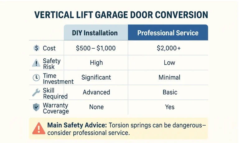 Compare DIY and professional installation options side by side to choose the safest and most cost-effective path for your vertical lift garage door project.