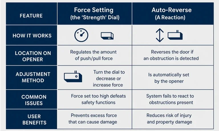 Compare force settings and auto-reverse to keep your garage safe
