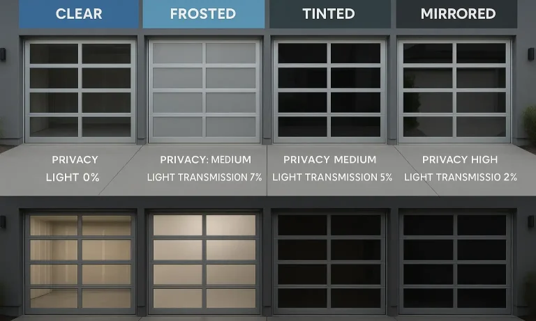 Compare garage door glass privacy and light levels day and night