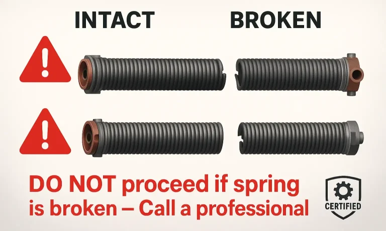 Compare intact vs broken garage door spring with clear indicators