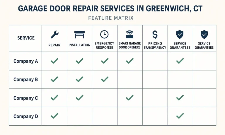 Compare leading garage door repair companies in Greenwich, CT at a glance to make the best choice tailored to your specific needs and budget.