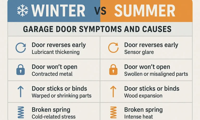 Compare seasonal garage door symptoms to spot problems faster.
