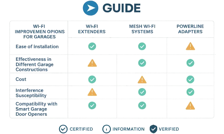 Compare Wi-Fi Extenders, Mesh Systems, and Powerline Adapters side-by-side to choose the best solution for your garage's connectivity challenges.